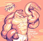 abs anthro biceps bottomwear clothed clothing duo feral humanoid_hands male male_anthro muscular muscular_anthro muscular_male pecs scales shorts teeth text tongue topless topless_anthro topless_male white_bottomwear white_clothing white_shorts tofudumps chinese_zodiac new_year_2025 year_of_the_snake python reptile scalie snake 2025 english_text hi_res signature