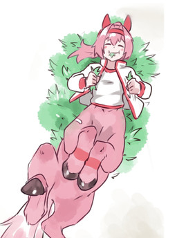 accessory animal_ears bandage blush clothed clothed_female clothed_taur clothing eating_grass eyes_closed female hair headband holding_grass hooves jacket lying on_back pink_body pink_hair ponytail shirt solo tail taurified topwear white_clothing white_jacket white_shirt white_topwear oldnight cygames european_mythology greek_mythology mythology uma_musume_pretty_derby haru_urara_(pretty_derby) centaur equid equid_taur humanoid_taur mammal mammal_taur taur hi_res