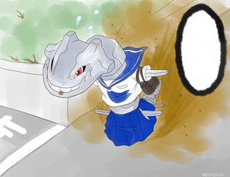 ambiguous_gender bag blush bottomwear bread clothing eating food humor outside purse red_eyes school_uniform skirt smile solo toast uniform alpacapala nintendo pokemon generation_2_pokemon pokemon_(species) steelix hi_res signature