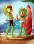 anthro barefoot beach clothing duo eyes_closed eyewear eyewear_on_head feet fur gesture green_body green_fur hand_gesture jewelry male necklace quills_(anatomy) seashell sharp_teeth shell smile sunglasses sunglasses_on_head surfboard swimming_trunks swimwear teeth thumbs_up bluestars-blackice archie_comics sega sonic_the_hedgehog_(archie) sonic_the_hedgehog_(comics) sonic_the_hedgehog_(series) sonic_underground manic_the_hedgehog scourge_the_hedgehog eulipotyphlan hedgehog mammal