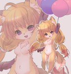 4_fingers anthro arm_markings balloon balloon_support blonde_hair breasts chest_tuft cute_fangs ear_markings facial_markings fangs female female_anthro fingers fur gloves_(marking) hair hanging_from_balloon head_markings holding_balloon holding_object inflatable inflatable_support inner_ear_fluff kemono looking_at_viewer markings multicolored_body multicolored_fur open_mouth pawpads purple_eyes smile solo teeth tuft white_body white_fur wide_hips yellow_body yellow_fur zoom_layer racal_ra canid canine fox mammal hi_res