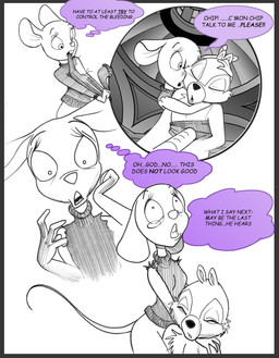 4_fingers anthro bandage bandaged_chest bottomless bottomless_female breasts clenched_teeth clothed clothing cradling duo dying female fingers hug male male/female sad scared tail tearing_own_clothing teeth text thinking torn_clothing worried chris_fischer chip_'n_dale_rescue_rangers disney chip_(disney) gadget_hackwrench chipmunk ground_squirrel mammal mouse murid murine rodent sciurid comic english_text hi_res