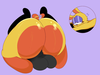 anthro balls big_balls big_butt black_body butt duo female from_front_position genitals huge_butt male male/female mating_press penis scut_tail sex short_tail tail yellow_body trabbitwax conelia_(rabbit5gamer) lagomorph leporid mammal rabbit hi_res
