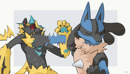 4_fingers anthro black_body black_claws black_fur blue_body blue_fur chest_spike claws duo empty_eyes eyes_closed fangs finger_claws fingers front_view fur grey_background hand_spike impact_lines male mouth_closed multicolored_body multicolored_fur neck_tuft nude nude_anthro nude_male open_mouth punch red_inner_ear simple_background snout spikes spikes_(anatomy) tan_body tan_fur teal_body teal_fur teeth text tongue_showing tuft white_background white_sclera yellow_body yellow_fur kuromonsart jujutsu_kaisen naoya_hair_flip nintendo pokemon generation_4_pokemon generation_7_pokemon legendary_pokemon lucario pokemon_(species) zeraora 2026 2d_animation animated artist_name dated digital_drawing_(artwork) digital_media_(artwork) english_text frame_by_frame half-length_portrait meme no_sound portrait short_playtime video