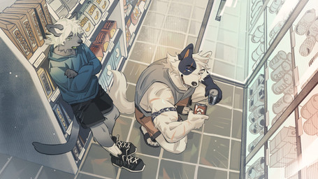 anthro biped black_body black_bottomwear black_clothing black_fur black_shorts blue_clothing blue_hoodie blue_topwear bottomwear clothing crossed_arms duo eye_scar facial_scar fur grey_body grey_clothing grey_fur grey_shirt grey_tank_top grey_topwear grocery_store hair hoodie male muscular muscular_anthro muscular_male scar shelf shirt shorts slim_anthro slim_male tail tank_top topwear white_body white_fur white_hair yellow_bottomwear yellow_clothing yellow_shorts hemuchang canid canine canis domestic_cat domestic_dog felid feline felis mammal 16:9 2025 hi_res widescreen