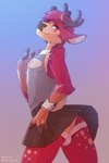 anthro antlers bottomwear clothed clothing crossdressing eyebrows eyelashes femboy fingers fur hair horn male red_body red_fur red_hair skirt smile solo white_body white_fur free-opium deer mammal new_world_deer reindeer 2022 digital_media_(artwork) hi_res