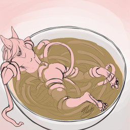 anthro big_breasts blind bowl breasts clothing container disability dress female fluffy food food_fetish food_play hair hair_over_eye high-angle_view long_hair micro multi_tail noodles nude one_eye_obstructed partially_submerged penetration ramen side_boob simple_background solo tail tentacles white_hair neltruin roxanne_(minty_freshness) canid canine fox mammal 1:1