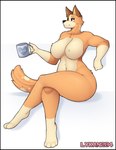 anthro beverage big_breasts black_border border breasts container crossed_legs cup feet female fur holding_container holding_cup holding_mug holding_object mug multicolored_body nude simple_background sitting smile solo tail text thick_thighs toes white_background wide_hips lykan284 bluey_(series) chilli_heeler australian_cattle_dog canid canine canis cattledog domestic_dog herding_dog mammal pastoral_dog digital_media_(artwork) english_text hi_res