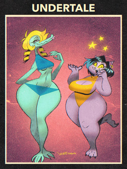 abstract_background anthro bedroom_eyes big_breasts bikini black_hair blonde_hair blue_highlights breasts claws cleavage cleavage_cutout clothed clothing crossed_legs curvy_figure cutout duo ear_piercing ear_ring eyeliner female front_view fur green_body green_scales hair happy highlights_(coloring) huge_thighs lipstick looking_at_viewer makeup narrowed_eyes non-mammal_breasts on_one_leg one-piece_swimsuit open_mouth open_smile piercing pigtails pink_sclera purple_body purple_fur ring_piercing scales seductive side_boob simple_background skimpy small_waist smile standing swimwear text thick_thighs two-piece_swimsuit under_boob voluptuous voluptuous_anthro voluptuous_female weight_difference yellow_sclera wolftangart undertale undertale_(series) bratty_(undertale) catty_cattenheimer alligator alligatorid crocodilian domestic_cat felid feline felis mammal reptile scalie 2021 3:4 english_text hi_res signature