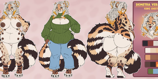 anthro areola belly belly_nipples belly_overhang belly_rolls big_belly big_breasts big_butt biped black_areola black_nipples blue_bottomwear blue_clothing blue_jeans blue_pants bottomwear breasts butt claws clothed clothing countershade_butt countershade_fur countershade_legs countershade_tail countershade_torso countershading curvy_figure denim denim_bottomwear denim_clothing digitigrade ear_piercing ear_ring female finger_claws front_view fur genitals green_clothing green_sweater green_topwear hair hair_bun highlights_(coloring) huge_breasts jeans looking_at_viewer love_handles markings mature_anthro mature_female multi_nipple multicolored_body navel nipples one_eye_closed orange_body orange_eyes orange_fur orange_highlights overweight overweight_anthro overweight_female pants pawpads piercing rear_view ring_piercing simple_background smile solo spots spotted_body spotted_fur sweater tail tan_body tan_fur text thick_thighs toe_claws tongue tongue_out topwear tuft venus_figure voluptuous voluptuous_anthro voluptuous_female vulva white_body white_fur white_hair wide_hips wink winking_at_viewer sisterspeed demetra_(yebjiwara) cheetah felid feline king_cheetah mammal absurd_res digital_media_(artwork) english_text hi_res model_sheet portrait mother_(lore) parent_(lore)