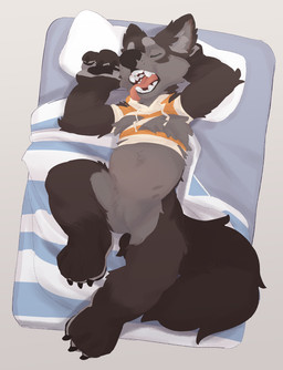 4_toes anthro bed bedding biped blanket cheek_tuft chest_tuft claws clothed clothing eyebrows eyes_closed facial_tuft fangs featureless_crotch feet fingers fur furniture grey_background hoodie inner_ear_fluff lying male on_back on_bed open_mouth pawpads paws pillow plantigrade simple_background sleeping solo tail teeth toes tongue tongue_out topless topwear torn_clothing tuft young seth-iova mythology three_wolf_moon oswald_(seth-iova) canid canine canis mammal mythological_canine mythological_creature werecanid werecanine werecreature werewolf wolf 2022 colored digital_media_(artwork) hi_res