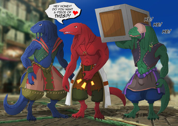 bulge clothed clothing fantasy fantasy_clothing fantasy_world flirting male standing text topless working ariesartist final_fantasy final_fantasy_xii square_enix nameless_character animal_humanoid bangaa fantasy_creature humanoid lizard lizard_humanoid lizardman reptile reptile_humanoid scalie scalie_humanoid absurd_res english_text hi_res