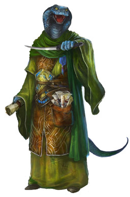 ambiguous_gender anthro bag belt blue_body blue_scales clothing dagger fangs leather magic_user melee_weapon open_mouth robe satchel scales scarf scroll snake_hood solo tassels teeth weapon yellow_eyes unknown_artist dungeons_and_dragons hasbro paizo pathfinder wizards_of_the_coast khavith cobra legged_snake nagaji reptile scalie serpentfolk snake official_art female_(lore)