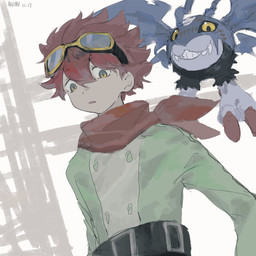 black_body black_fur claws duo eyewear eyewear_on_head feral fur goggles goggles_on_head grin hair male red_hair scarf smile wings akitoinusu bandai_namco digimon digimon_story:_time_stranger dan_yuki_(digimon) demidevimon digimon_(species) human mammal 1:1 absurd_res hi_res