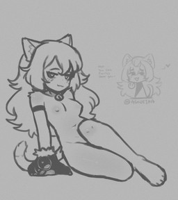 anthro bangs bedroom_eyes belly biped breasts cat_costume clothing collar cosplay costume curly_hair female female_anthro fluffy genitals hair heart_eyes heart_symbol long_hair looking_at_viewer narrowed_eyes navel nipples nude nude_anthro nude_female pose presenting seductive sitting small_breasts solo teasing three-quarter_view agoiika tanya_(agoiika) felid feline mammal black_and_grey digital_drawing_(artwork) digital_media_(artwork) full-length_portrait hi_res monochrome portrait sketch