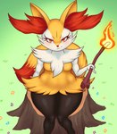 anthro arm_tuft black_body black_fur blush breasts cheek_tuft chest_tuft dipstick_tail eyelashes facial_tuft featureless_breasts female fire fur grass holding_object holding_stick inner_ear_fluff looking_at_viewer markings orange_eyes plant pupils red_body red_fur shoulder_tuft sitting slit_pupils small_breasts smile solo stick tail tail_markings thick_thighs tree_stump tuft white_body white_fur wide_hips yellow_body yellow_fur kilih188 nintendo pokemon braixen generation_6_pokemon pokemon_(species) absurd_res hi_res