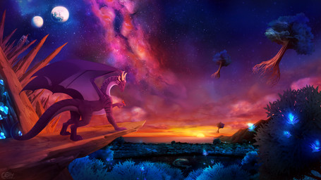 bioluminescence fantasy feral floating flower forest glowing glowing_plants horn jungle landscape male membrane_(anatomy) membranous_wings night planet plant purple_body purple_scales quadruped scales sky solo star stripes sunset tail tree twilight wings world fasttrack37d mythology avian bird dragon mythological_creature mythological_scalie scalie 16:9 hi_res story story_in_description widescreen
