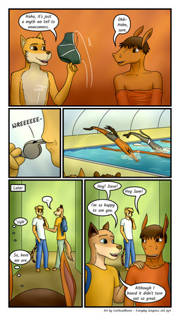adolescent anthro clothing dialogue implied_nudity locker_room male school swimming_pool swimming_trunks swimwear text young confusedraven dave_(confusedraven) jay_(confusedraven) sam_(confusedraven) tim_(confusedraven) canid canine canis cheetah domestic_dog equid equine felid feline fox horse mammal 4:7 absurd_res comic english_text hi_res
