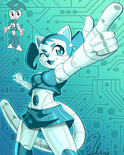 alternate_species anthro blue_eyes bottomwear breasts circuit_markings clothing female furrification machine markings medium_breasts navel one_eye_closed screw skirt solo thick_thighs topwear whiskers wink rodolfoslime my_life_as_a_teenage_robot nickelodeon jenny_wakeman robot robot_anthro 2026 absurd_res hi_res reference_image signature