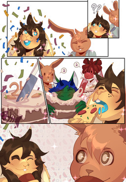anthro birthday birthday_cake bite brown_body brown_fur brown_hair cake carrot celebration confetti dessert eating female food fur group hair knife male pattern_background plant simple_background smile vegetable yellow_body yellow_fur franciumart81 mythology astrale_(hojaastrale) kerot_(snesboxyoshi) winder_(winderbun) dragon hare lagomorph leporid mammal mythological_creature mythological_scalie rabbit scalie comic hi_res