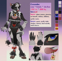 anthro black_body black_fur blue_background blue_eyes clothed clothed_anthro clothed_female clothing collar cowbell dress ear_piercing ear_ring female fur gradient_background grey_body grey_fur hand_on_hip hooves horn markings multicolored_body multicolored_fur piercing pink_background purple_background ribbons ring_piercing simple_background solo spots spotted_body spotted_fur standing text xavier.croissant cassandra_(xavier.croissant) bovid bovine cattle dairy_cattle holstein_friesian_cattle mammal english_text hi_res model_sheet