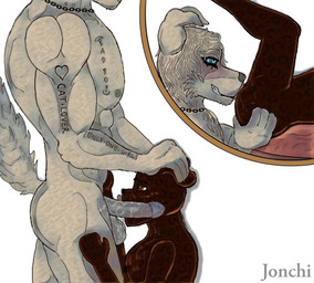 age_difference anthro arm_tattoo back_muscles balls balls_blush big_balls big_penis black_body black_fur blue_eyes blush bodily_fluids body_blush breasts brown_body brown_eyes brown_fur brown_hair bulge butt chest_tattoo cunnilingus dominant dominant_male duo female fur genitals hair hand_on_belly hand_on_butt hand_on_head headpat jewelry kiss_on_penis kissing larger_male licking looking_pleasured looking_up male male/female messy_fur messy_hair muscular muscular_arms muscular_legs muscular_male necklace older_male oral oral_penetration penetration penile penis penis_lick raised_tail saliva saliva_on_balls saliva_on_breasts saliva_on_face saliva_on_penis saliva_on_tongue sex simple_background size_difference small_breasts small_butt smaller_female smile sniffing tail tattoo tongue tongue_out vaginal vein veiny_penis vulva vulva_sniffing white_background white_body white_fur younger_female jonchi blai_(jonchi) zuri canid canine canis domestic_cat felid feline felis leopard mammal pantherine wolf digital_media_(artwork)