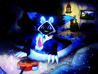 anthro balls black_body black_fur blue_blush blue_body blue_cape blue_clothing blue_eyes blue_fur blue_horn blush bodily_fluids candle candle_holder cape carpet cave claws clothing controller cord fur game_controller gamecube_controller genital_fluids genital_piercing genitals glowing glowing_horn horn jagged_teeth magic male masturbation melee_weapon multicolored_body multicolored_fur nintendo_controller painting penis penis_piercing piercing pink_penis psychic_stimulation quiver_(object) red_penis simple_background smile solo sword tail tapering_penis weapon white_balls white_body white_claws white_fur markedbythebeast gamecube mythology nintendo omega_(grinlin) grinlin mammal mythological_creature 2025 digital_drawing_(artwork) digital_media_(artwork) shaded
