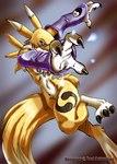action_pose alternate_version_at_source anthro bandai_namco barely_visible_breasts black_sclera breasts canid canine chest_tuft copyright_symbol countershading digimon digimon_(species) dipstick_tail female fur kandlin mammal markings multicolored_body multicolored_fur multicolored_tail pose renamon simple_background solo symbol tail tail_markings text tomoe_(symbol) tuft two_tone_body two_tone_fur two_tone_tail white_body white_fur yellow_body yellow_fur yellow_tail yin_yang