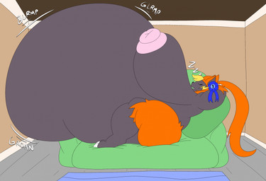 anthro award award_ribbon bed bedroom belly big_belly big_breasts breasts digested digestion digestion_noises female fur furniture grey_body huge_belly huge_breasts hyper hyper_belly hyper_breasts lying lying_on_bed nipples on_bed orange_body orange_fur pink_nipples sleeping snoring solo thick_thighs vore inkyruler viddibus nintendo pokemon shealin generation_7_pokemon legendary_pokemon pokemon_(species) zeraora 2026 hi_res