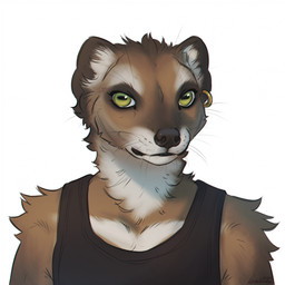 anthro arm_tuft black_clothing black_nose black_topwear brown_body brown_fur cheek_tuft clothed clothing ear_piercing ear_ring facial_tuft front_view fur glistening glistening_eyes green_eyes looking_at_viewer male male_anthro mouth_closed neck_tuft piercing ring_piercing shoulder_tuft simple_background solo topwear tuft whiskers white_background white_body white_fur lostgoose herpestid mammal mongoose 1:1 2024 bust_portrait hi_res portrait
