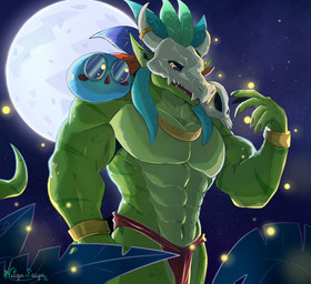 abs anthro biceps bone bone_mask bottomwear bracelet clothed clothing feathered_headdress green_body jewelry leaf logo loincloth male mask moon muscular muscular_anthro muscular_arms muscular_male navel necklace night open_mouth outside pecs pupils skull skull_accessory skull_mask sky slit_pupils solo topless topless_anthro topless_male yellow_eyes naga_rajaf terraria witch_doctor_(terraria) ambient_arthropod ambient_firefly ambient_insect lihzahrd lizard reptile scalie absurd_res artist_logo digital_media_(artwork) hi_res
