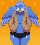 anthro areola bangs barbell_piercing beak big_butt big_glasses black_bottomwear black_clothing black_shorts blinking blue_body blue_breasts blue_feathers blue_hair blue_tail_feathers blue_wings bottomwear bouncing_breasts breasts brown_clothing brown_hoodie brown_topwear butt clothing curvy_figure exposed_breasts eyelashes eyewear feathers female flashing flashing_breasts glasses grey_eyes hair hair_bun hand_in_pocket hoodie hotpants jumping medium_breasts navel nipple_barbell nipple_piercing nipples open_mouth orange_background piercing pink_areola pink_nipples pockets pubic_mound round_glasses shorts side_butt simple_background smile solo standing star tail tail_feathers thick_thighs topwear underwear unzipped v-cut wide_hips wings yellow_beak zipper tentabat avian 2023 animated loop short_playtime