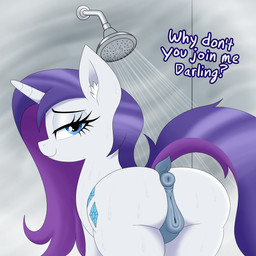 anatomically_correct anus bedroom_eyes butt darkened_genitalia female genitals hair horn imminent_sex inviting looking_at_viewer looking_back narrowed_eyes nude plump_labia presenting presenting_hindquarters puffy_anus seductive shower shower_head smile smiling_at_viewer solo talking_to_viewer text vulva wet wet_butt wet_hair wet_mane vomitvomiting friendship_is_magic hasbro my_little_pony mythology rarity_(mlp) equid equine horse mammal mythological_creature mythological_equine pony unicorn 1:1 hi_res