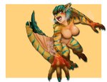 animal_ears animal_tail big_breasts breasts breath claws digitigrade eyelashes featureless_breasts featureless_crotch female green_body green_claws green_hair green_scales green_stripes hair nude open_mouth orange_background pupils red_eyes scales sharp_teeth simple_background slit_pupils solo stripes tan_body tan_scales teeth thick_thighs white_background wide_hips winged_arms wings yellow_body yellow_scales zoo5469 capcom monster_hunter animal_humanoid flying_wyvern humanoid scalie scalie_humanoid tigrex winged_humanoid hi_res