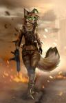 5_fingers anthro brown_hair clothed clothing female fingers green_eyes gun hair holding_gun holding_object holding_ranged_weapon holding_weapon ranged_weapon smile solo standing weapon aimi canid canine fox grey_fox mammal urocyon 2019 digital_media_(artwork) hi_res shaded