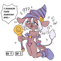 anthro biped blue_eyes blush blush_lines bodily_fluids brown_body clothed clothing confusion cosplay dialogue embarrassed eyewear female flat_chested glasses hair hat headgear headwear holding_object holding_staff levitation mole_on_cheek nervous nervous_sweat off_shoulder simple_background skimpy small_waist solo speech_bubble staff sweat tail tail_tuft tuft wearing_glasses white_hair wizard_hat saeko_art yu-gi-oh! dark_magician_girl lily_(saeko_art) duel_monster mammal mouse murid murine rodent 1:1 2025 absurd_res hi_res