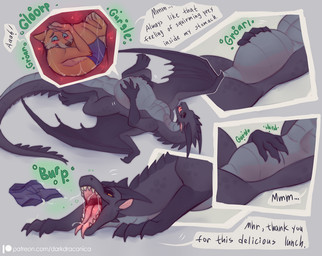 anthro anthro_prey belly big_belly black_body black_horn black_spikes blue_eyes blush bodily_fluids bottomwear burp_cloud burping burping_up_clothing clothed clothing cramped digestion duo fatal_vore female female_pred feral feral_pred forked_tongue fully_inside hand_on_belly horn internal larger_pred licking licking_lips licking_own_lips lying male male/female male_prey membrane_(anatomy) membranous_wings neck_spikes on_back open_mouth orange_body rumbling_stomach saliva shorts size_difference soft_vore speech_bubble spiked_tail spikes spikes_(anatomy) tail text tongue tongue_out topless vore wings yellow_eyes darkdraconica mythology darky_(darkdraconica) dave_(darkdraconica) canid canine dragon fox mammal mythological_creature mythological_scalie scalie 2022 digital_media_(artwork) english_text url
