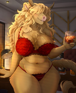 alcohol anthro beverage big_breasts bra breasts brown_body brown_fur chest_tuft clothed clothing female fur hair hair_over_eyes holding_glass holding_object horn humanoid_hands inside lace_bra lace_panties leg_tuft lingerie long_hair looking_away midriff navel off_shoulder office overweight overweight_female red_clothing red_lingerie slightly_chubby smile solo tail thick_thighs thigh_tuft tuft underwear voluptuous_female whiskey wargtress bovid bovine cattle highland_cattle mammal 2026 digital_media_(artwork) hi_res