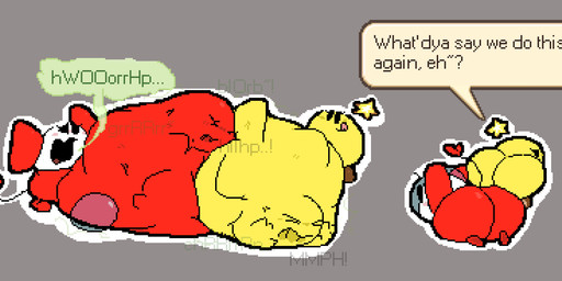after_vore armless belly belly_on_ground belly_squish belly_to_belly big_belly big_butt big_ears biped black_eyes blush bodily_noises bodysuit brown_clothing brown_footwear brown_shoes brown_text bubble_butt bubble_helmet burping butt butt_expansion calling_for_help cheek_blush churn closed_smile clothing death derived_sound_effect dialogue digestion digestion_noises discarded_helmet duo ellipsis empty_eyes expansion eyelashes face_imprint fatal_vore female female_pred floating floating_head_creature flustered footwear footwear_only fully_inside gaping_mouth green_text half-closed_eyes hand_imprint heart_tail huge_belly huge_butt hyper hyper_belly imprint licking licking_lips licking_own_lips line_tail looking_at_viewer looking_back looking_back_at_viewer looking_well-fed lying lying_on_ground monotone_background monotone_body monotone_bodysuit monotone_skin monotone_skinsuit mostly_nude motion_lines mouth_closed muffled muffled_screaming multiple_pred narrowed_eyes noseless on_front on_ground open_mouth oral_vore pink_tongue post_vore_weight_gain raised_tail red_bodysuit red_clothing red_skinsuit red_spacesuit red_tail rumbling_stomach satisfied shoes shoes_only short short_legs side_mouth simple_background sitting sitting_on_another sitting_on_butt size_difference skinsuit smaller_female smaller_pred smile soft_vore sound_effects space_helmet spacesuit speech_bubble squish standing struggling struggling_prey tail talking_to_another text thin_tail tight_clothing tongue tongue_out translucent_text unseen_prey unusual_ears unwilling_prey vore vowelless vowelless_sound_effect vowelless_vocalization weight_gain white_face yellow_body yellow_skin meatcanister chuchu_rocket mario_and_luigi_(series) mario_bros nintendo sega chupea starlow chuchu_(chuchu_rocket) mammal mouse murid murine rodent star_sprite waddling_head 2026 digital_media_(artwork) english_description english_text full-length_portrait hi_res pixel_(artwork) portrait