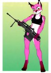 4_toes amber_eyes anthro barefoot bra claws clothing dipstick_ears ear_markings feet female gm6_lynx gun holding_gun holding_object holding_ranged_weapon holding_rifle holding_weapon leg_markings markings multicolored_body multicolored_ears pose ranged_weapon rifle simple_background sniper_rifle socks_(marking) solo sports_bra spots toe_claws toes underwear weapon anonymous_artist felid feline felis lynx mammal hi_res