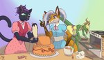 anthro appliance baking cake clothed clothing cooking crossdressing dessert femboy food frosting group hair hair_bun inside kitchen kitchen_appliance male oven trio destrustor mythology cyrcas_nearles shiro_caecilius tolenn_raspex canid canine domestic_cat dragon felid feline felis fox mammal mythological_creature mythological_scalie scalie 7:4 absurd_res hi_res