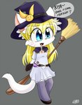 anthro blush clothed clothing costume female fur hair halloween_costume hat headgear headwear holidays magic_user simple_background smile solo text witch witch_hat clyndemoon halloween dakota_(pink) domestic_cat felid feline felis mammal 2020 absurd_res digital_media_(artwork) hi_res