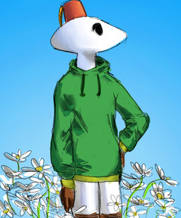 anthro bottomless brown_body clothed clothing fez flower hat headgear headwear hoodie hoodie_only male multicolored_body outside plant simple_background solo standing text topwear topwear_only two_tone_body white_body anonymous_artist roi_(rockpankake) miteling 2026 digital_media_(artwork) english_text