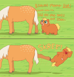 abuse ambiguous_feral ambiguous_gender blonde_hair blood bodily_fluids child_abuse duo faceless_character facial_wound featureless_crotch feral fur grass green_eyes hair hooves kick mane markings nude open_mouth open_smile orange_body orange_fur outside pain plant side_view smile spots spotted_markings tail text toony violence white_mane yellow_tail young young_ambiguous young_feral serasugee fluffy_pony equid equine fluffy_pony_(species) horse mammal 2025 digital_drawing_(artwork) digital_media_(artwork) english_text hi_res