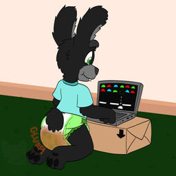 anthro biped clothing computer detailed_background diaper diaper_fetish electronics feces inside laptop male onomatopoeia scatplay shirt sitting smile soiled_diaper soiling solo sound_effects text topwear unclean_diaper used_diaper shadyadi shadow_(magicianfox) lagomorph leporid mammal rabbit 1:1 2021 hi_res