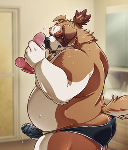 5_fingers anthro belly black_clothing black_underwear blush bodily_fluids brown_body brown_fur butt clothed clothing countershade_arms countershade_face countershade_fur countershade_tail countershade_torso countershading dildo erection fingers fur genital_fluids hair holding_dildo holding_object holding_sex_toy humanoid_dildo imminent_masturbation male overweight overweight_anthro overweight_male pink_dildo ponytail precum precum_through_clothing precum_through_underwear sex_toy side_view solo sweat sweatdrop tail tan_body tan_countershading tan_fur underwear underwear_only wet wet_clothing kumagaya_shin canid canine canis domestic_dog mammal 2025