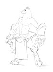 anthro armor bottomwear chest_tuft claws clothed clothing digitigrade gauntlets gloves handwear loincloth male partially_clothed simple_background solo topless tuft underwear white_background nibhaaz canid canine canis mammal wolf digital_drawing_(artwork) digital_media_(artwork) hi_res monochrome