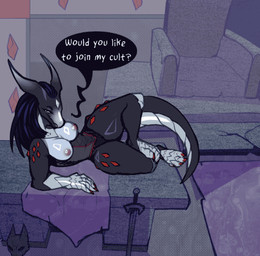 anthro breasts clothed clothing female horn looking_at_viewer membrane_(anatomy) membranous_wings nipples non-mammal_breasts non-mammal_hair non-mammal_nipples partially_clothed solo tail wings conditional_dnp elvche dungeons_and_dragons hasbro wizards_of_the_coast dragonborn_(dnd) scalie 2d_animation animated