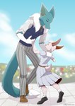 anthro belt black_eyes blue_body blue_fur bottomwear brown_ears clothing collared_shirt dancing duo fangs female flower footwear fur hand_holding happy long_tail looking_at_another male male/female neck_tuft necktie open_field pants plant red_eyes rolled_up_sleeves school_uniform scut_tail shadow shirt short_tail size_difference skirt smile smiling_at_another smiling_at_partner socks tail tail_tuft teeth topwear tuft uniform vest white_body white_fur holtz beastars cinnamon_(bunwithmemes) frost_jeckals_(huf13) fenril_(spicy_flakes) lagomorph leporid mammal rabbit absurd_res hi_res
