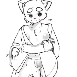 anthro asian_clothing blush blush_lines bodily_fluids bulge clothing detailed_bulge east_asian_clothing embarrassed femboy fundoshi genital_fluids genital_outline genitals japanese_clothing kemono male male_anthro moobs nervous nipples overweight overweight_anthro overweight_male penis penis_outline precum precum_through_clothing precum_through_underwear shy simple_background solo standing sweat sweatdrop thick_thighs underwear wet wet_clothing wet_underwear white_background kodari_(artist) domestic_cat felid feline felis mammal 1:1 monochrome sketch